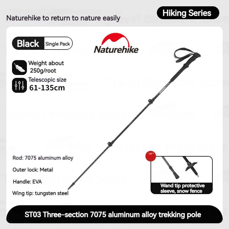 Naturehike ST03 Trekking Pole 62-135cm Outdoor Aluminum Alloy Climbing Rod External Lock 3 Sections Telescopic Hiking Equipment