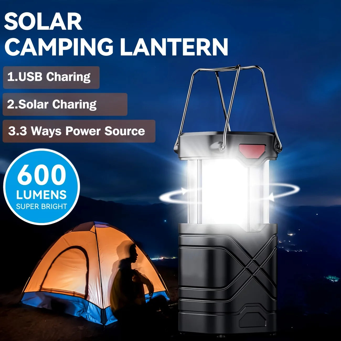 Solar Camping Lantern 2 Pack USB C Rechargeable LED Light