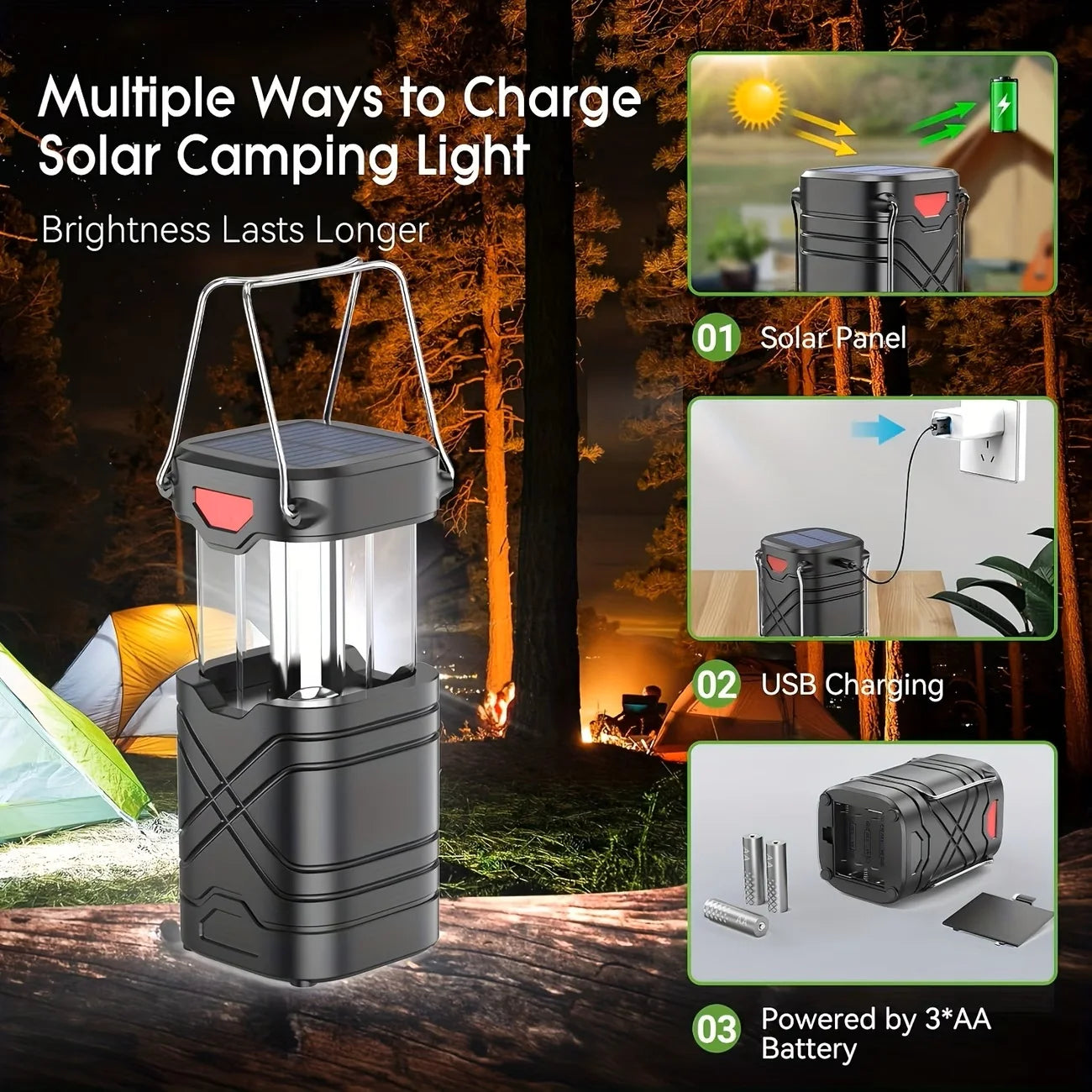 Solar Camping Lantern 2 Pack USB C Rechargeable LED Light