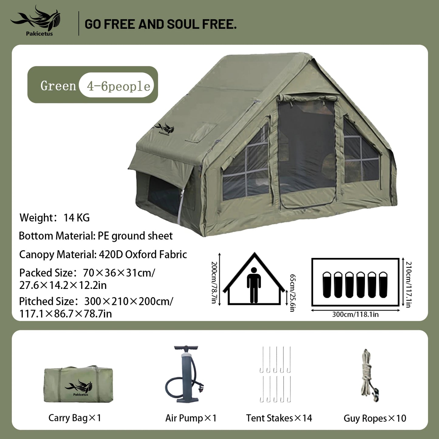 Pakicetus Quick Setup Inflatable Camping Tent Waterproof Carry Bag