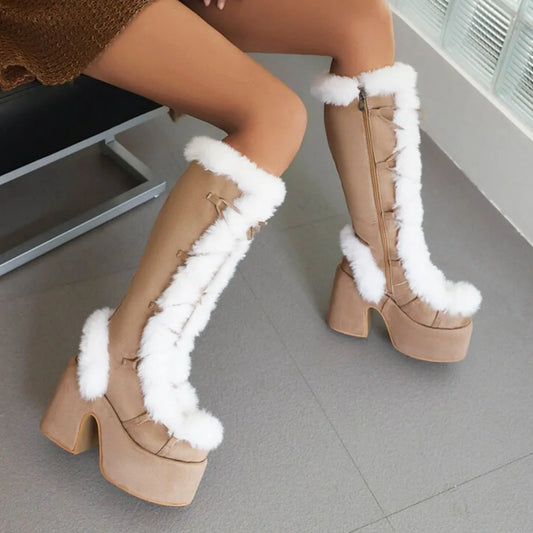 GIGIFOX Fur Chunky Heel Platform Boots for Women Faux Suede