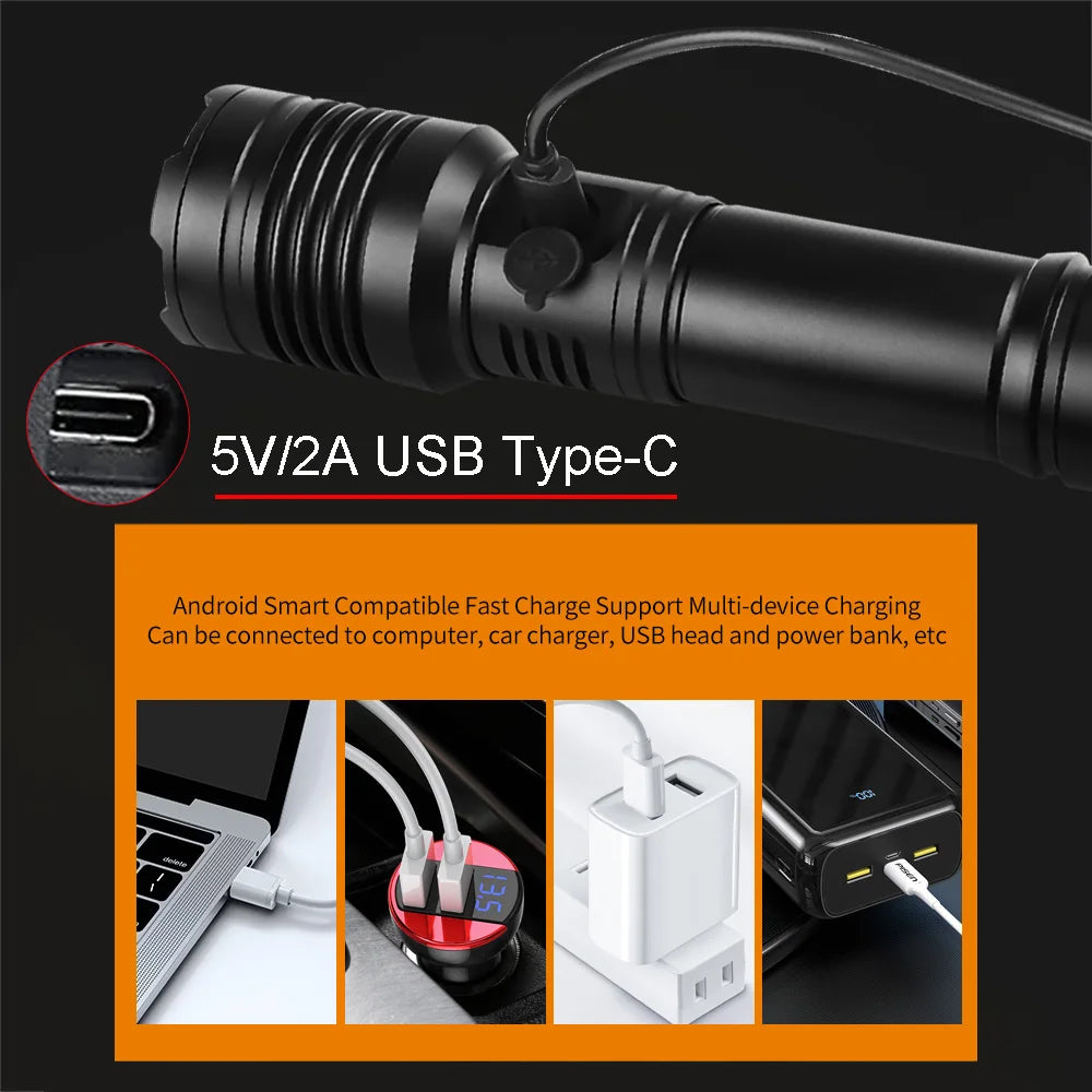 XHP200 High Power LED Flashlight USB Type C Rechargeable Waterproof