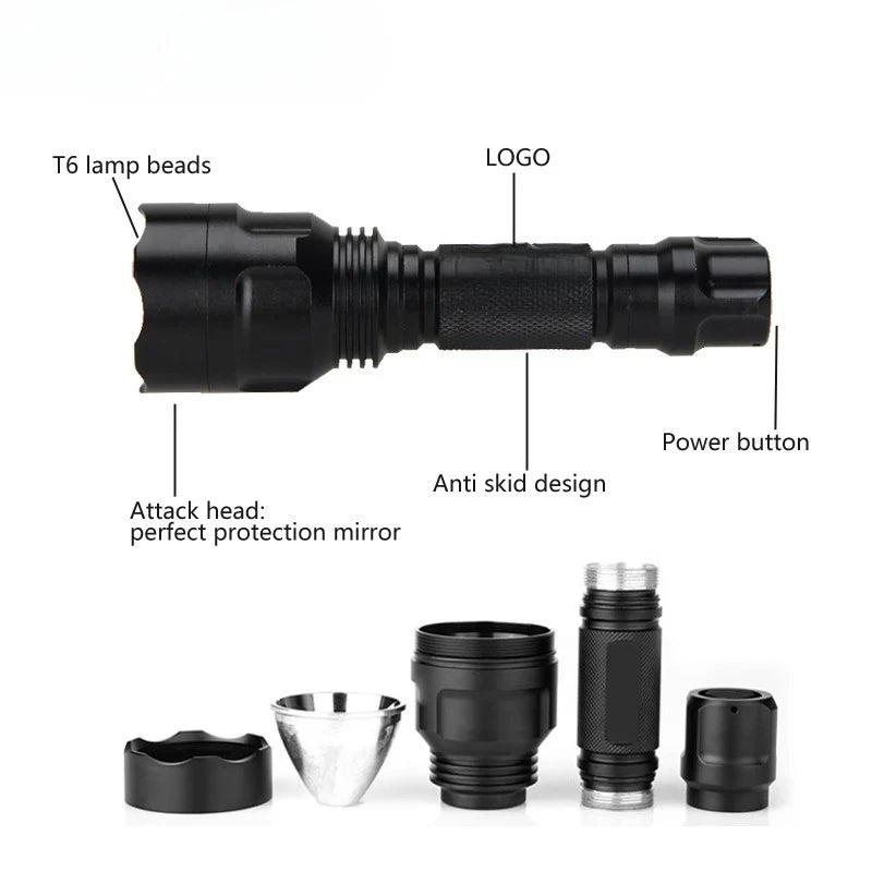 LED Tactical Hunting Flashlight 2500LM Waterproof USB Rechargeable Torch