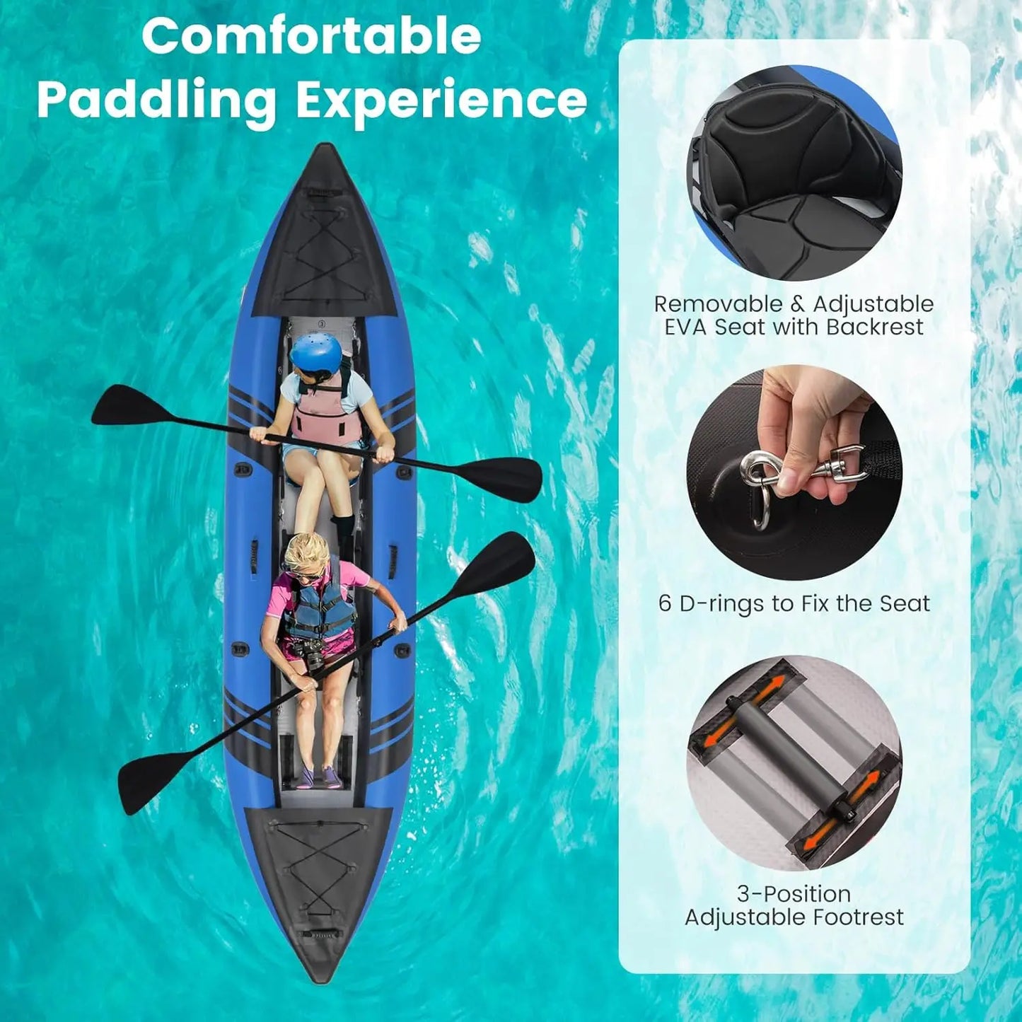 Inflatable Tandem Kayak Two Person With Padded Seats And Pump