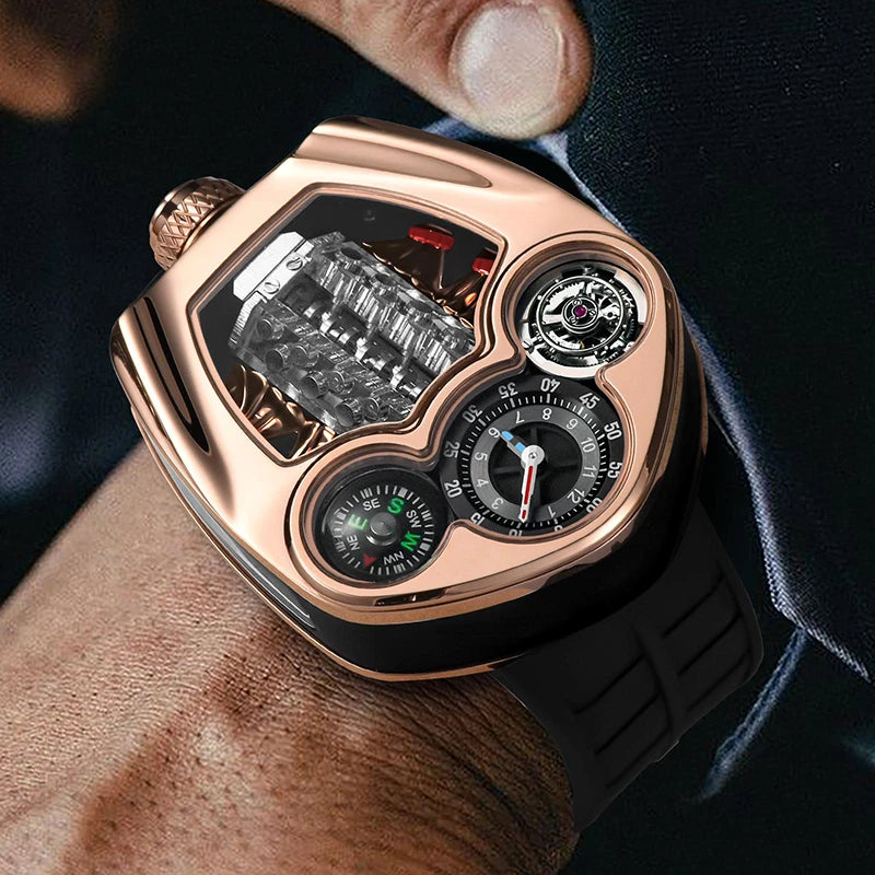 PINDU Men Quartz Watch Silicone Strap Compass Waterproof
