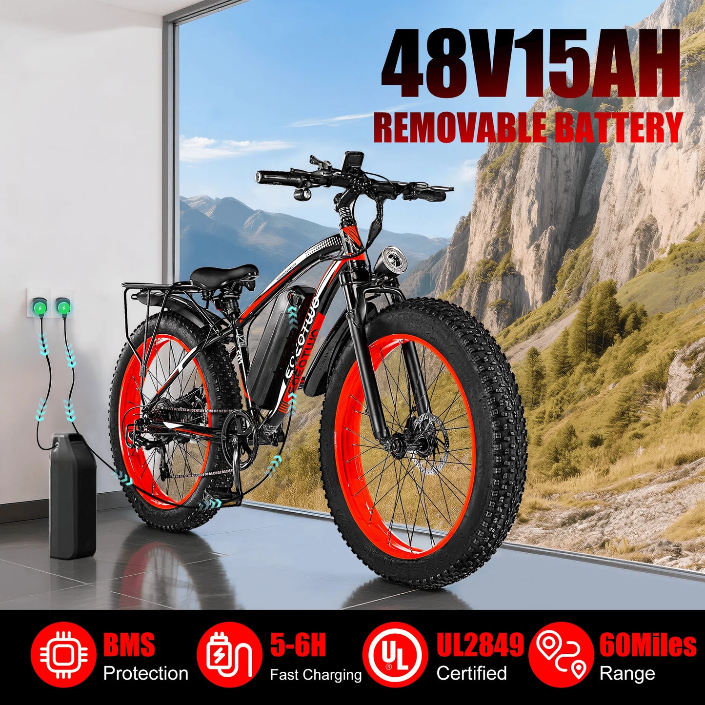EOEOTWO E01 Electric Fat Tire Mountain Ebike 34MPH 60 Miles