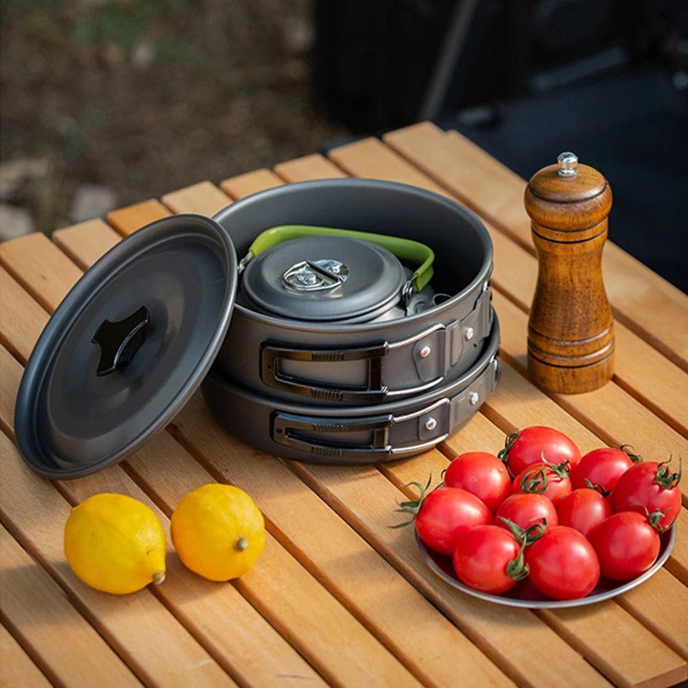 APWIKOGER Camping Cookware Set 3 Piece Pot Pan Kettle Kit