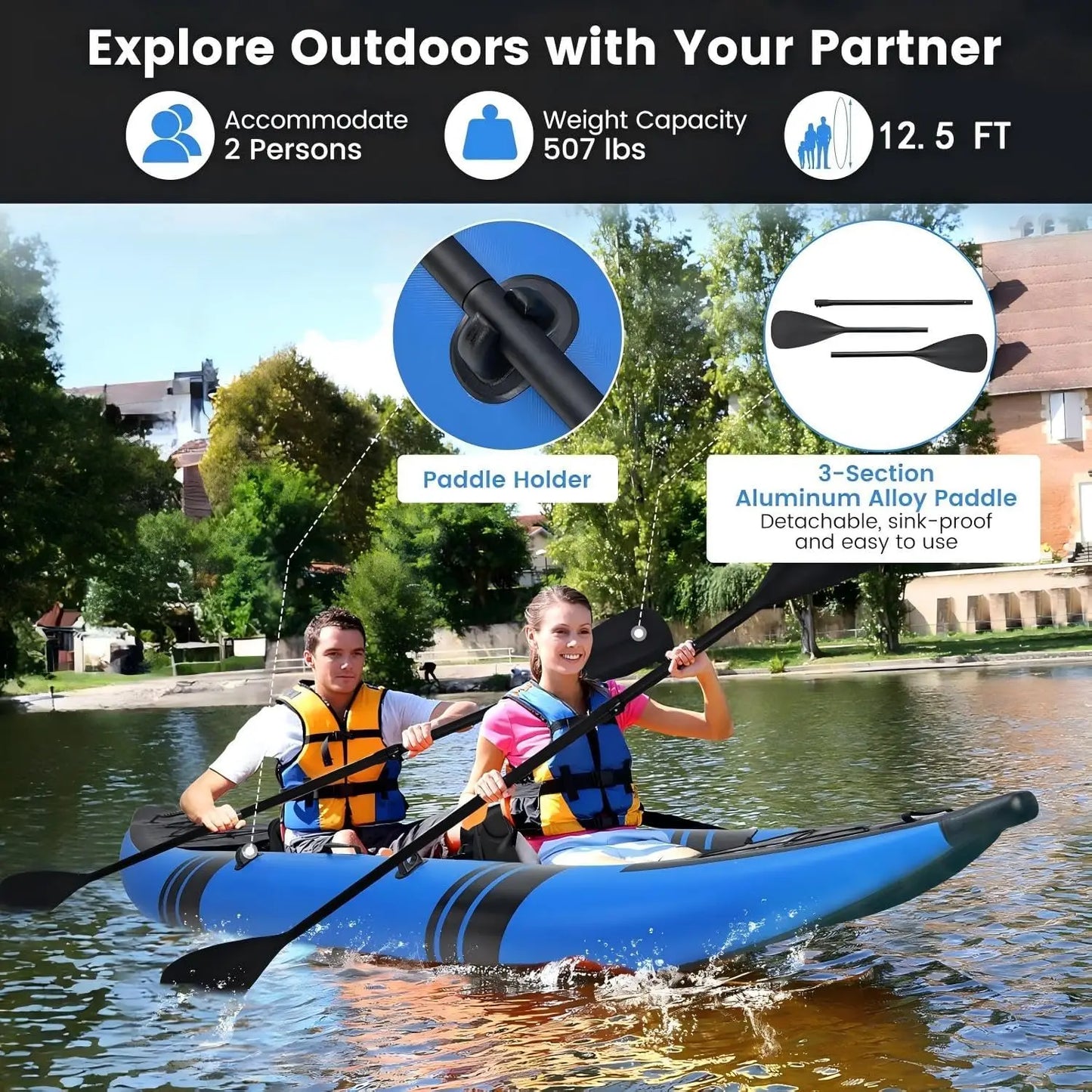 Inflatable Tandem Kayak Two Person With Padded Seats And Pump