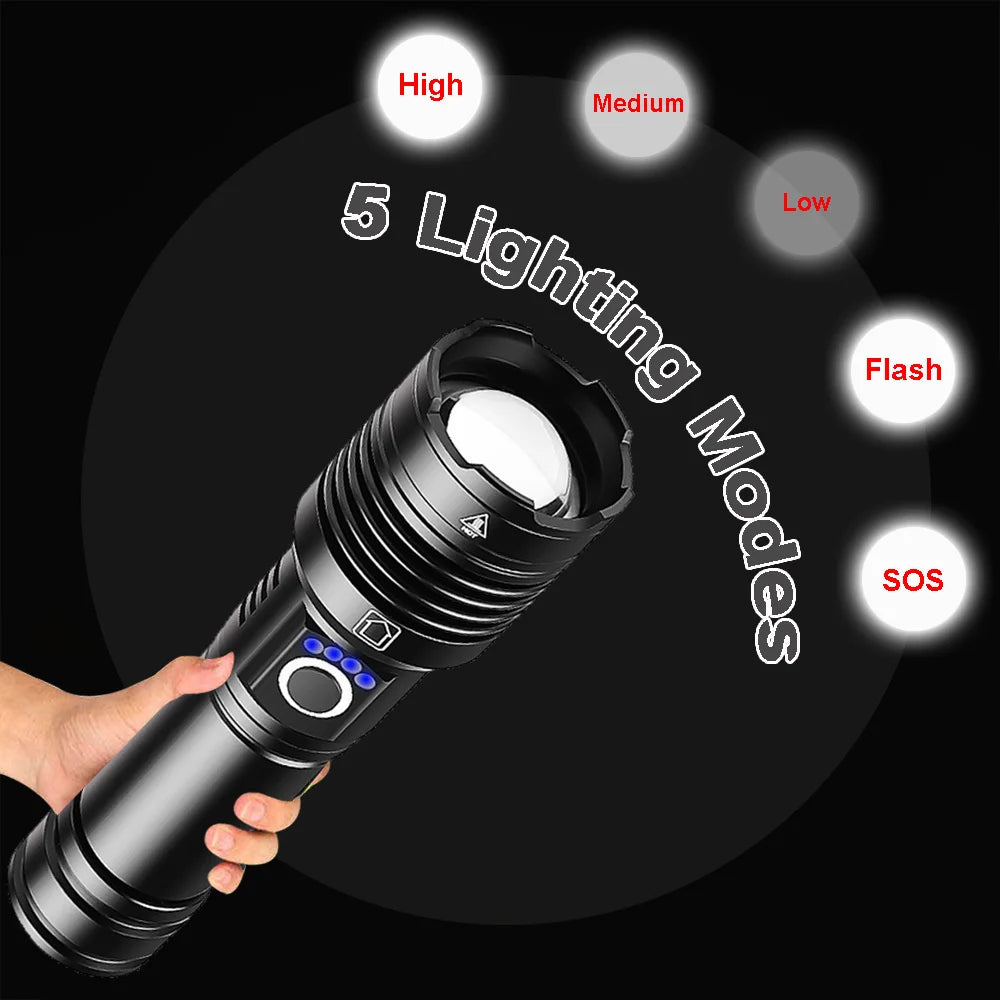 XHP200 High Power LED Flashlight USB Type C Rechargeable Waterproof