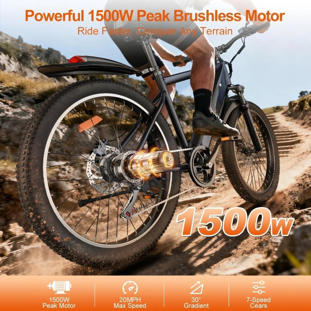 Electric Mountain Bike 1500W Peak Motor 48V Battery 7 Speed
