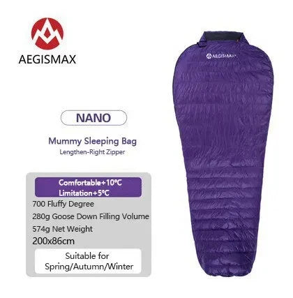 AEGISMAX Goose Down Sleeping Bag 700FP Ultralight Envelope Style