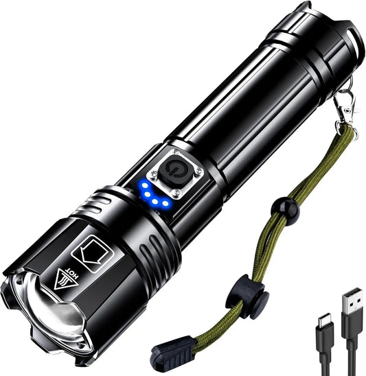 Rechargeable LED Flashlight Zoomable USB C 5 Modes IPX7 Camping