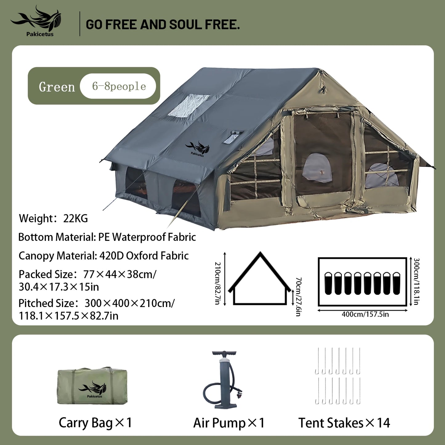 Pakicetus Inflatable Camping Tent With Skylight Two Bedroom