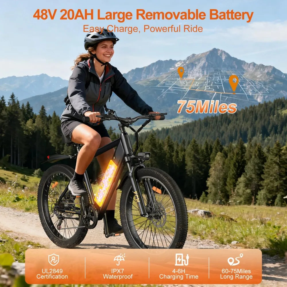 Electric Mountain Bike 1500W Peak Motor 48V Battery 7 Speed