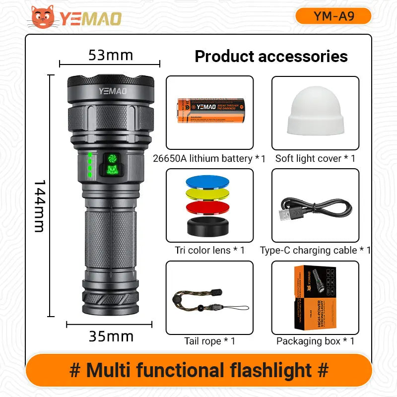 YEMAO 6000 Lumen USB C Rechargeable LED Flashlight