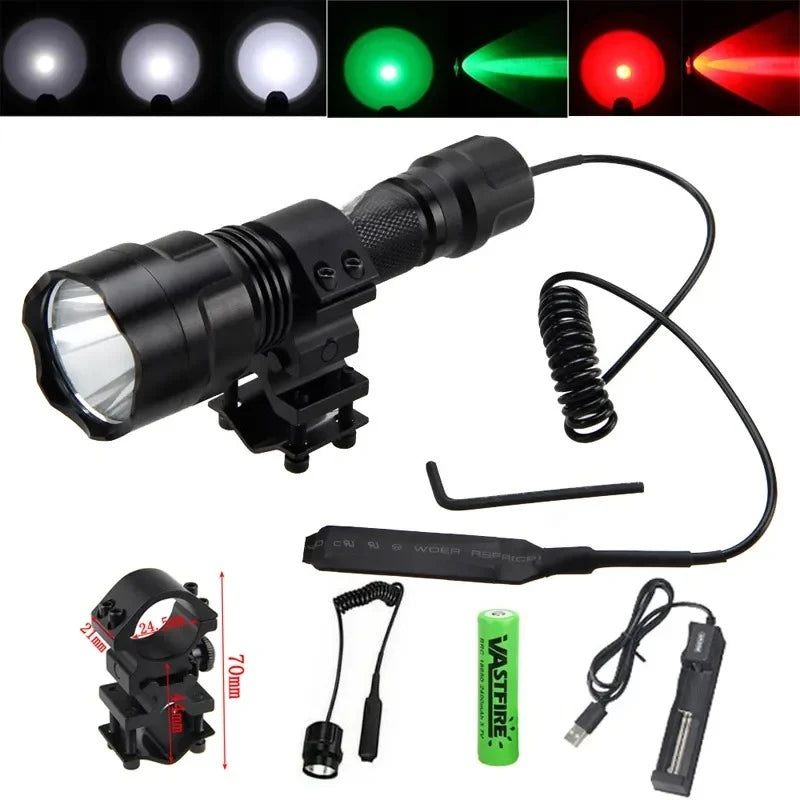 LED Tactical Hunting Flashlight 2500LM Waterproof USB Rechargeable Torch