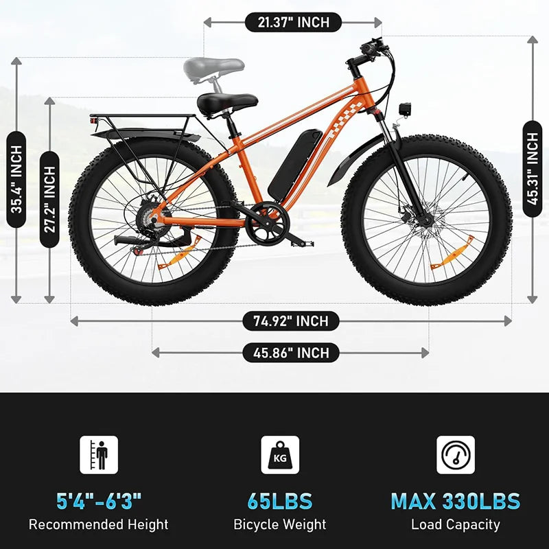 Electric Fat Tire 1000W 48V E Bike With Dual Suspension