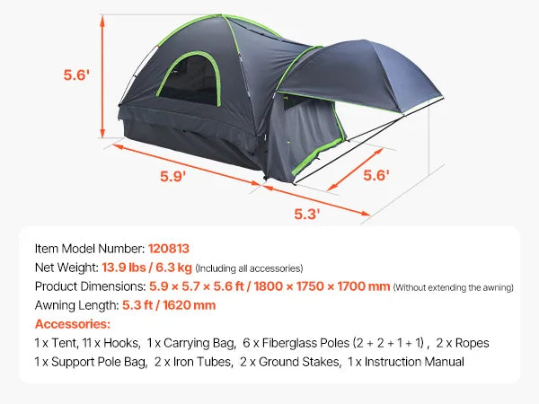 SucceBuy Pickup Truck Tent With Waterproof PU2000 And Awning