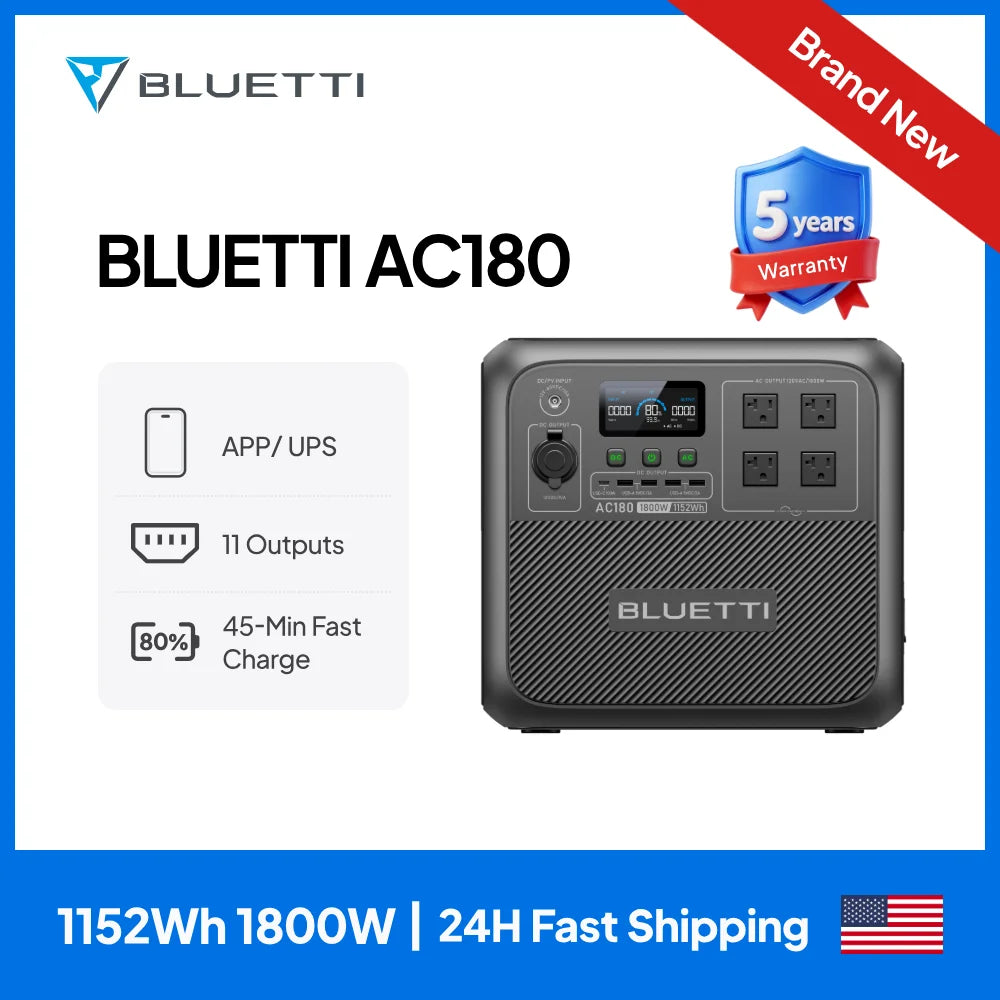 BLUETTI AC180 Solar Portable Power Station 1800W 1152Wh Generator