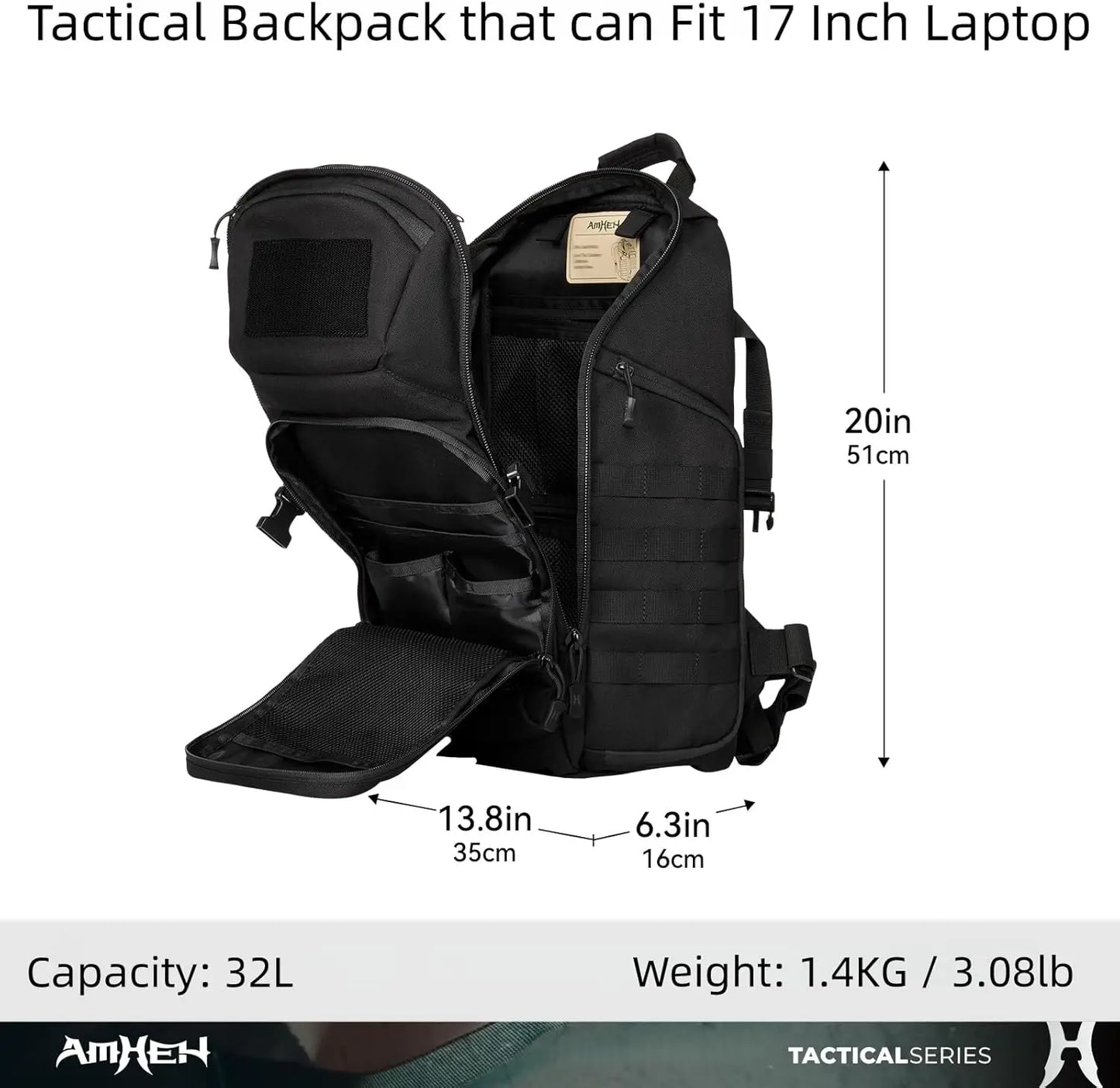 32L Military Tactical Backpack - Rugged Molle Pack for 17' Laptop, Black