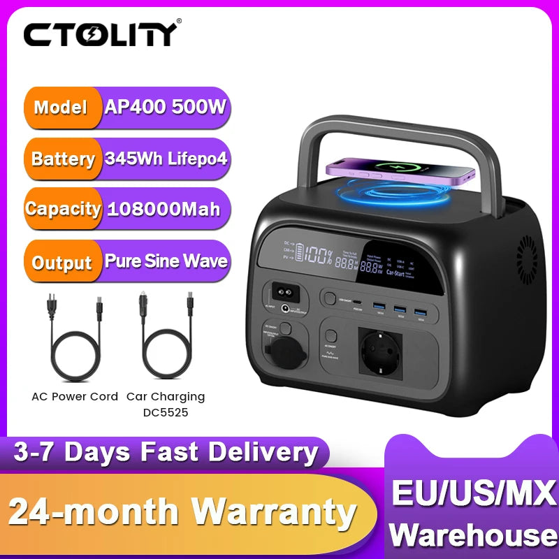CTOLITY 500W Camping Power Station LiFePO4 345.6Wh Solar Generator