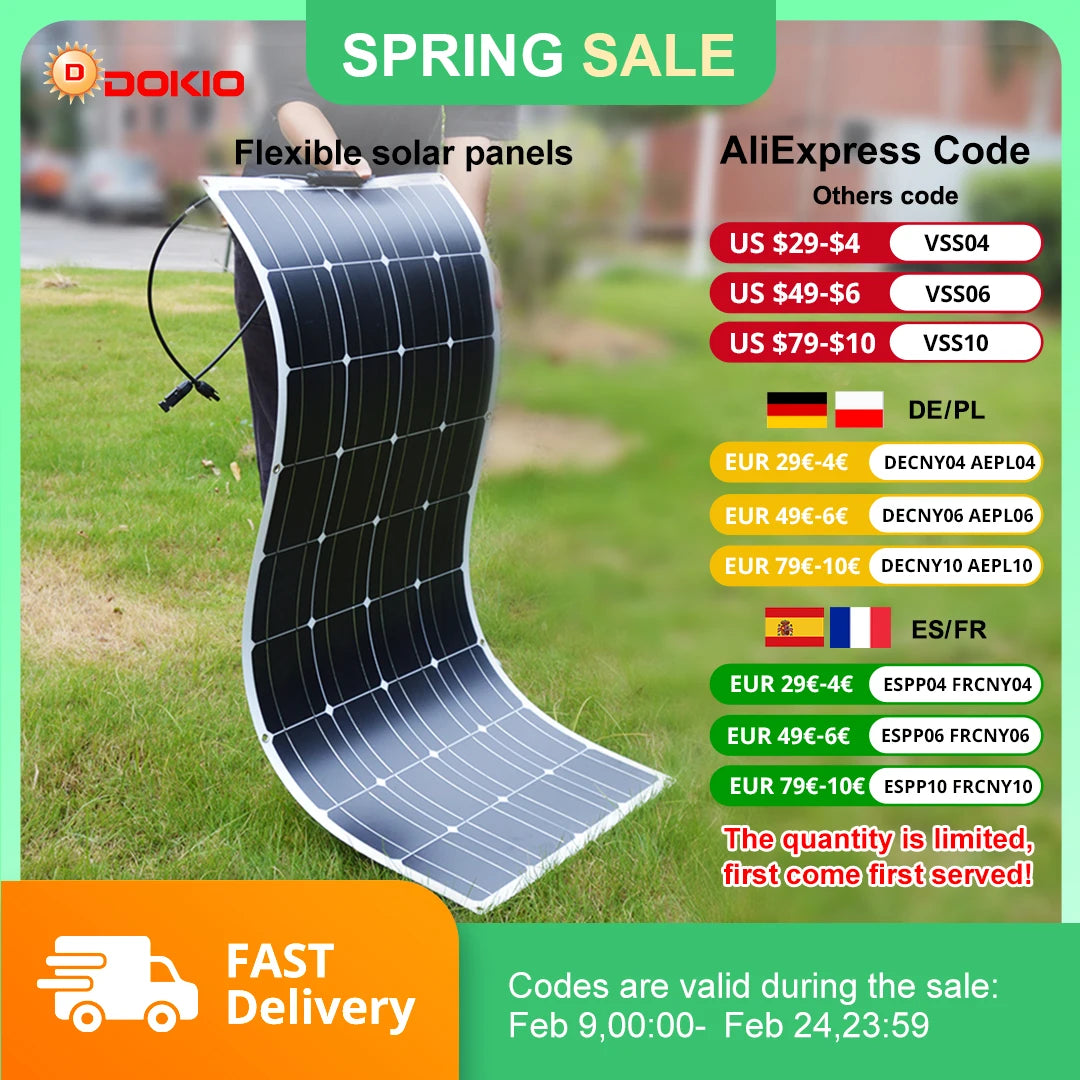 DOKIO 100W Flexible Monocrystalline Solar Panel For Camping RV 12V