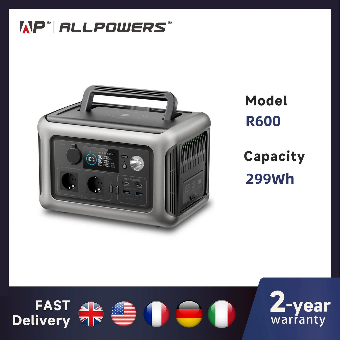 ALLPOWERS Portable Power Station R600 299Wh LiFePO4 Battery 1200W Surge