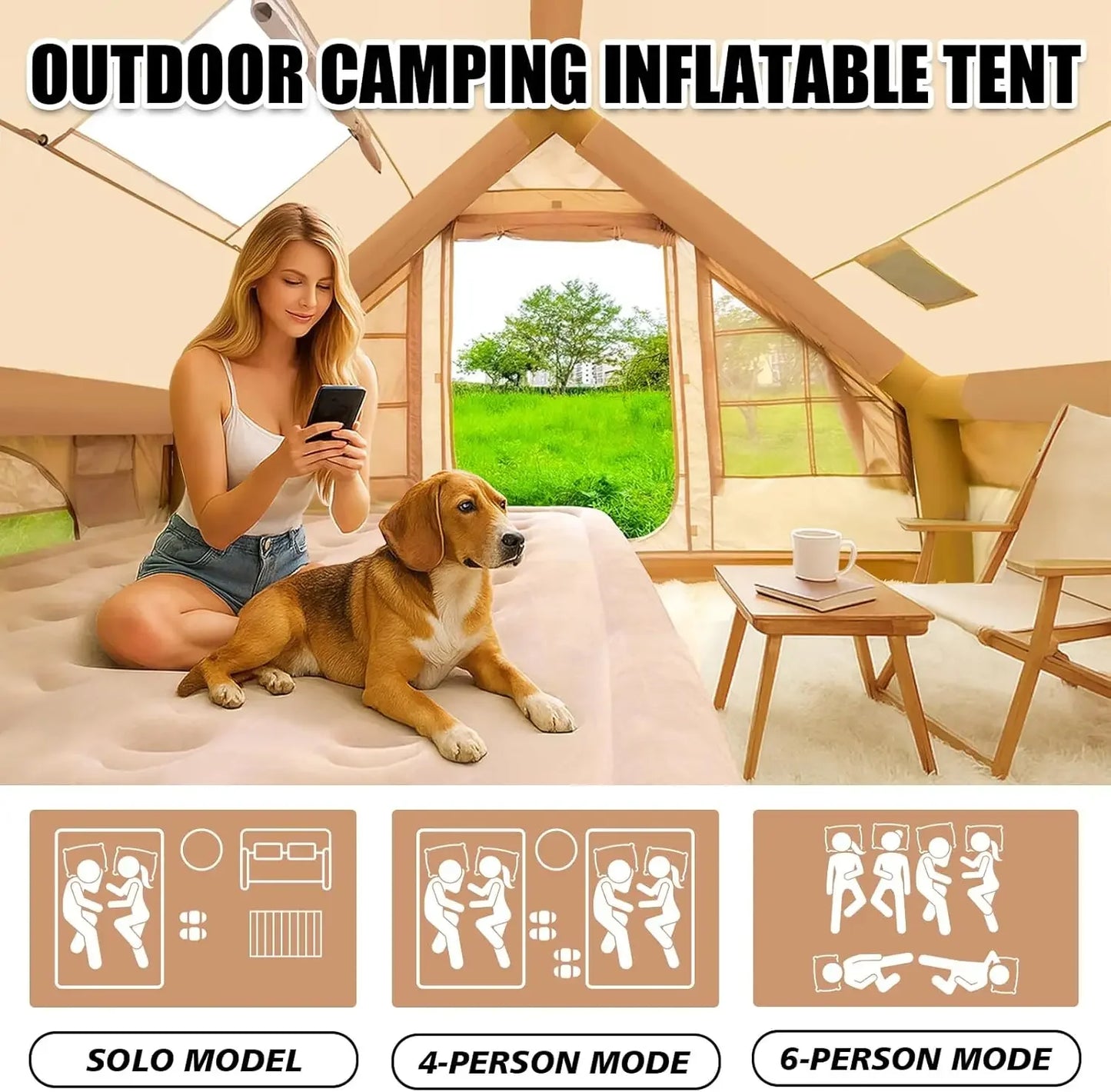 Inflatable Camping Tent With Stove Jack And Mesh Windows