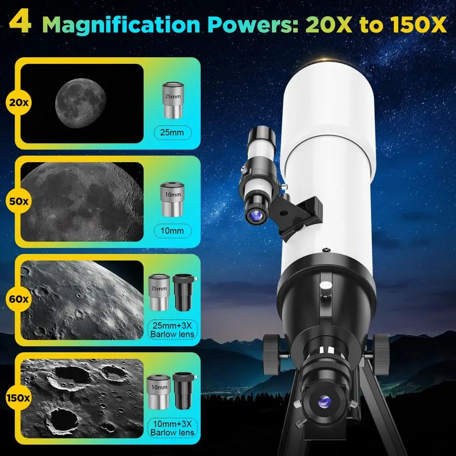 150X Portable Refracting Telescope For Adults And Kids