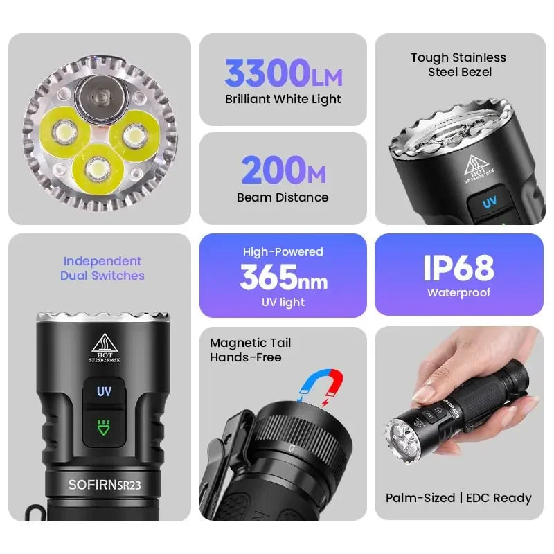 Sofirn SR23 UV Flashlight 3300LM Dual Switch USB C Rechargeable