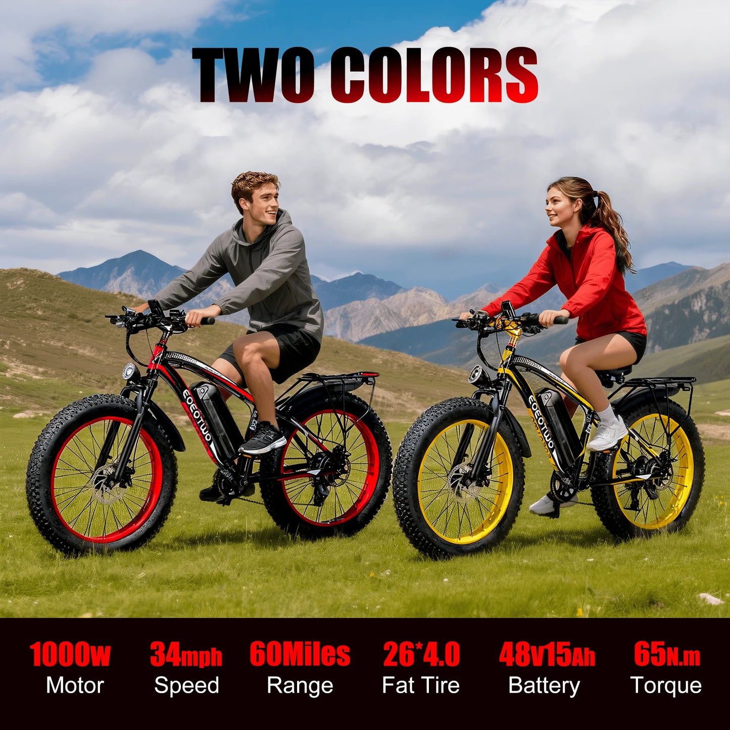EOEOTWO E01 Electric Fat Tire Mountain Ebike 34MPH 60 Miles