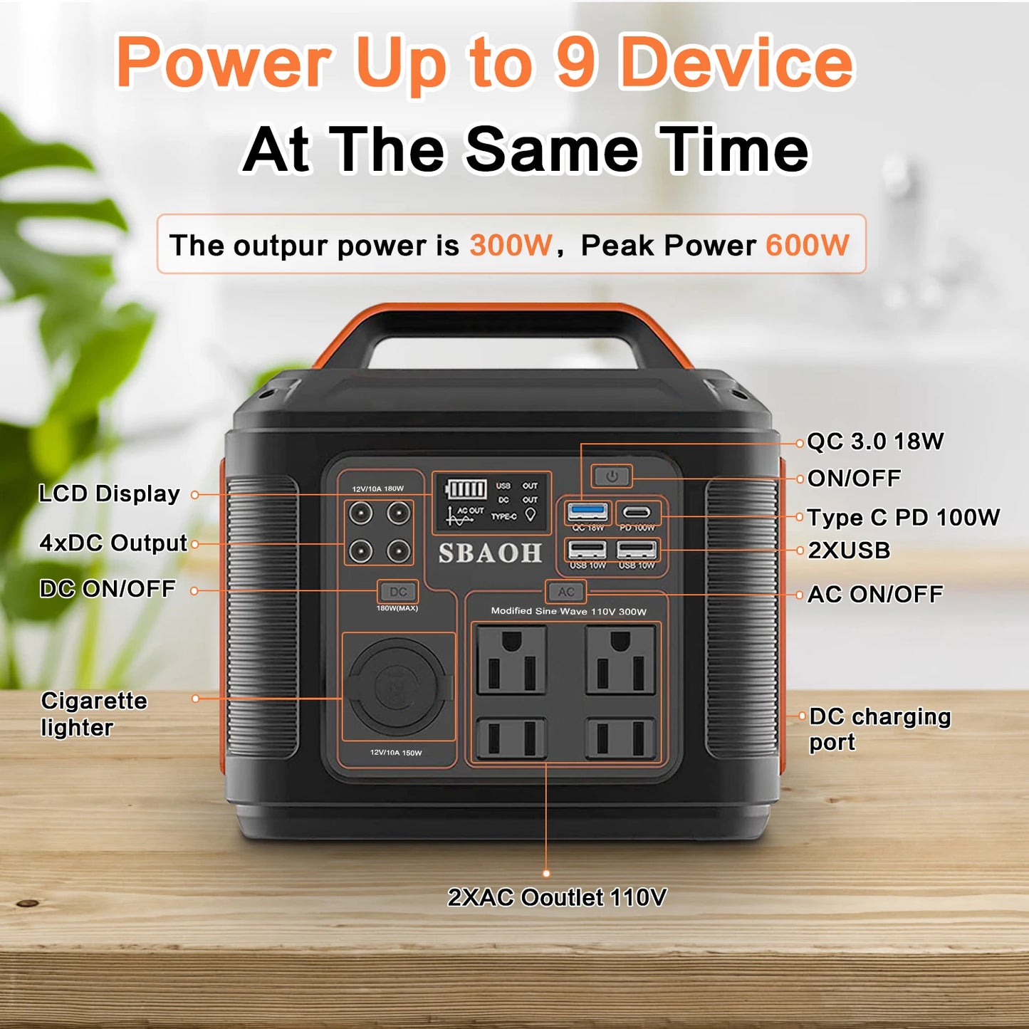 SBAOH Portable Power Station 300W 296Wh Solar Generator