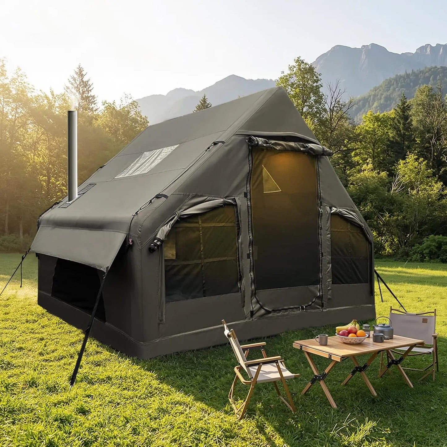 Inflatable Camping Tent With Wind Resistant Built In Stove Jack