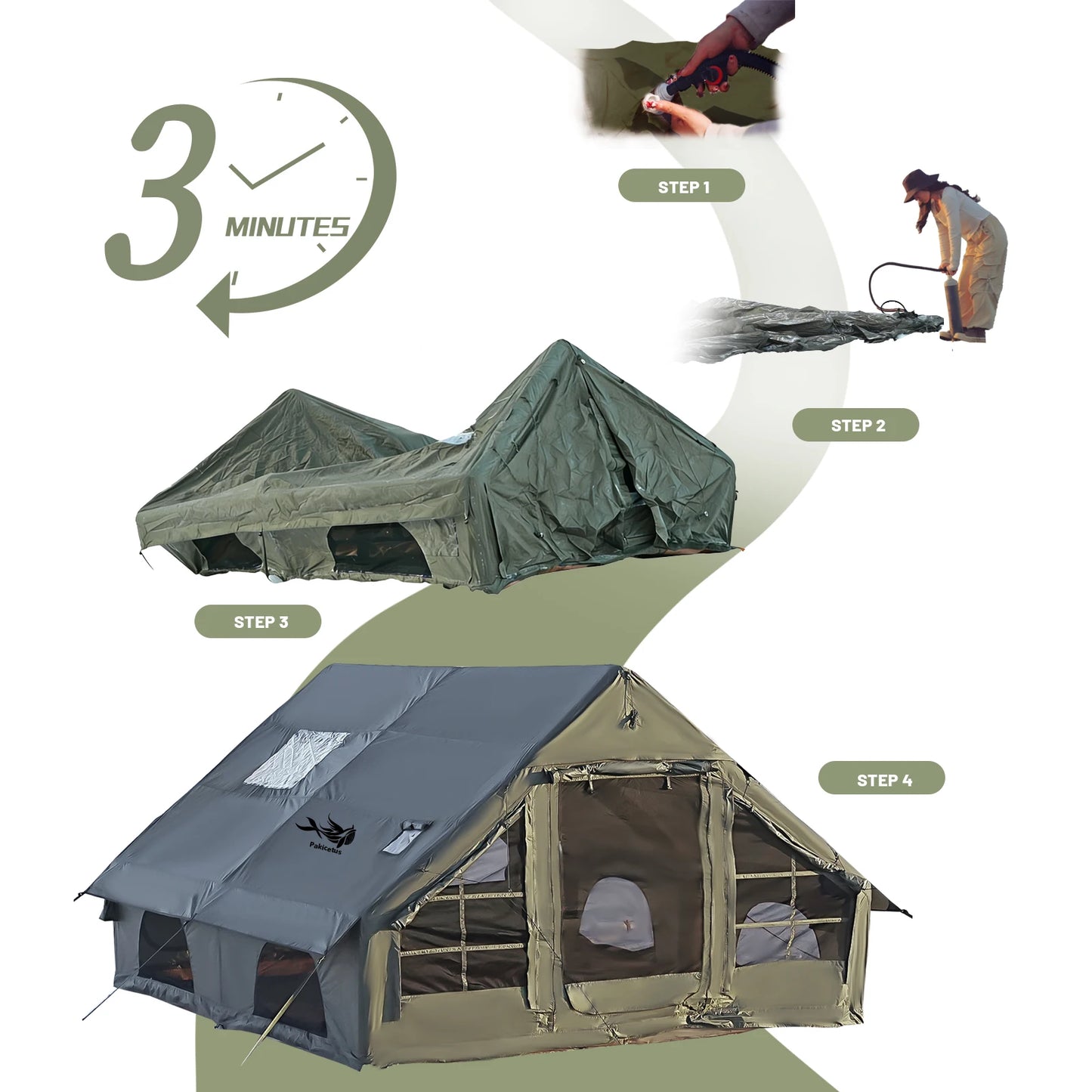 Pakicetus Quick Setup Inflatable Camping Tent Waterproof Carry Bag