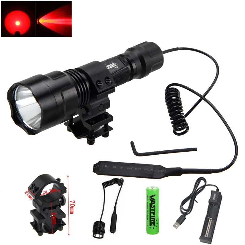 LED Tactical Hunting Flashlight 2500LM Waterproof USB Rechargeable Torch