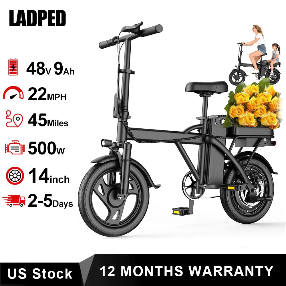 Ladped Foldable Electric Bike 500W 48V Long Range Dual Seat