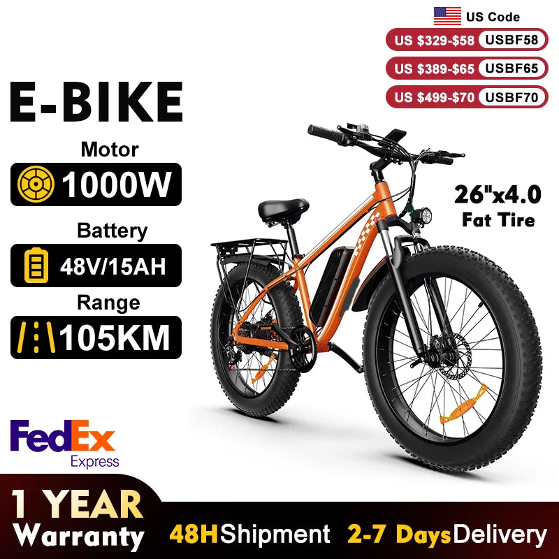 Electric Fat Tire 1000W 48V E Bike With Dual Suspension