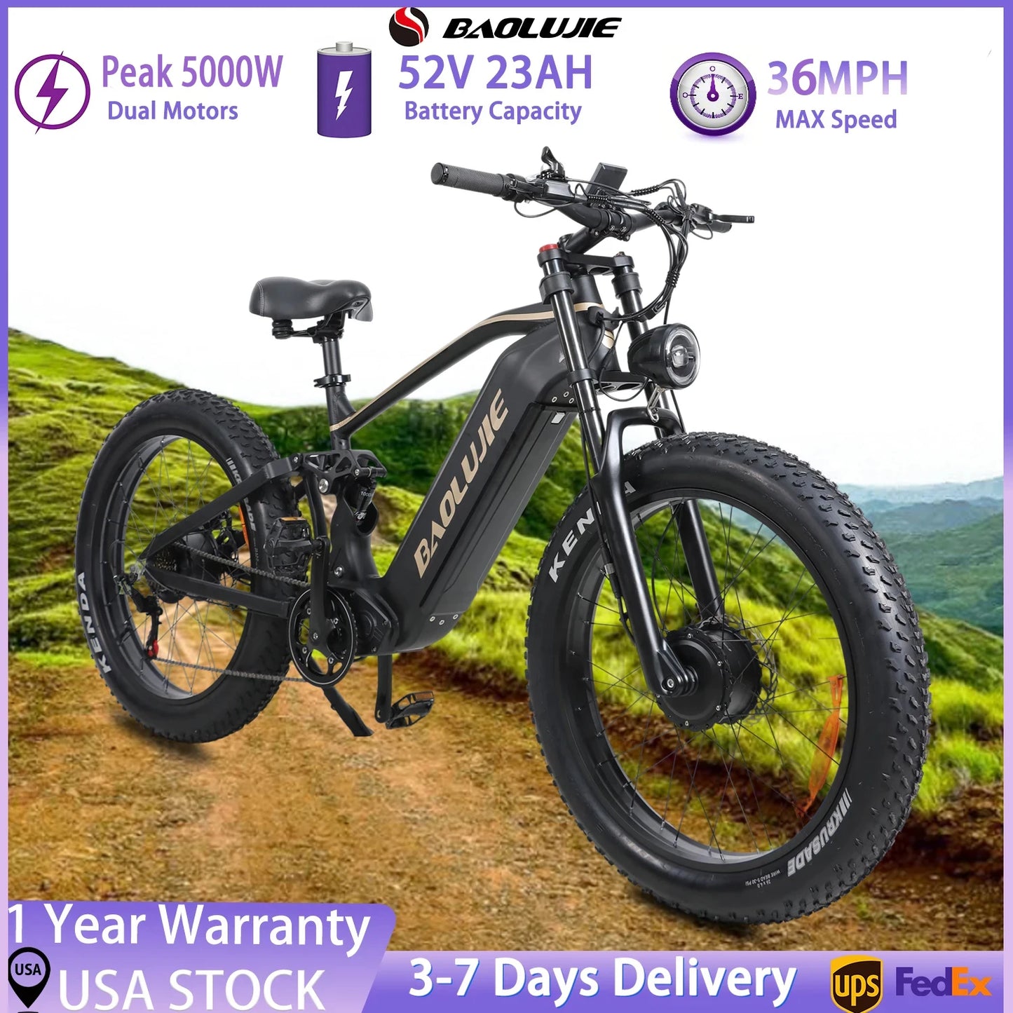 Baolujie P2 Electric Bike for Adults Dual Motor 52V 23Ah 90 Mile Range