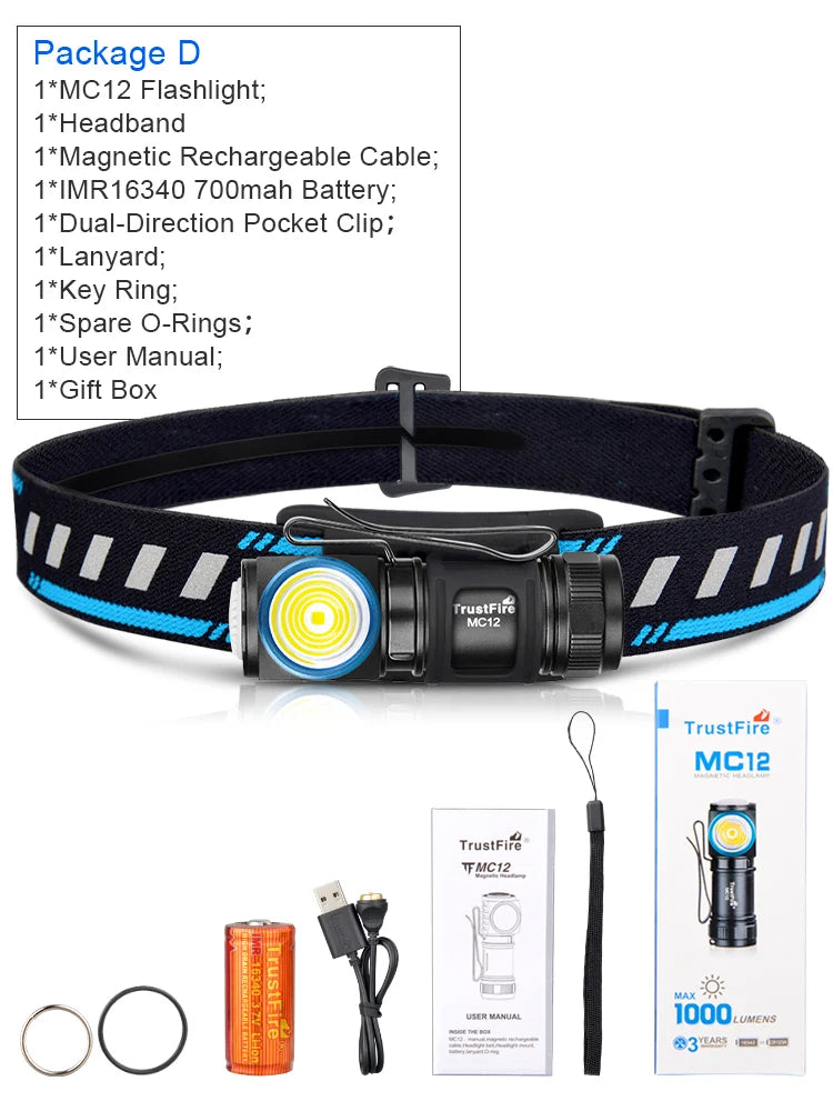 TrustFire MC12 LED Headlamp 1000 Lumen Rechargeable XP-L HI