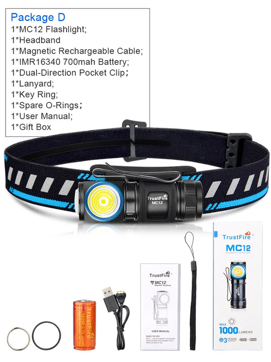 TrustFire MC12 LED Headlamp 1000 Lumen Rechargeable XP-L HI