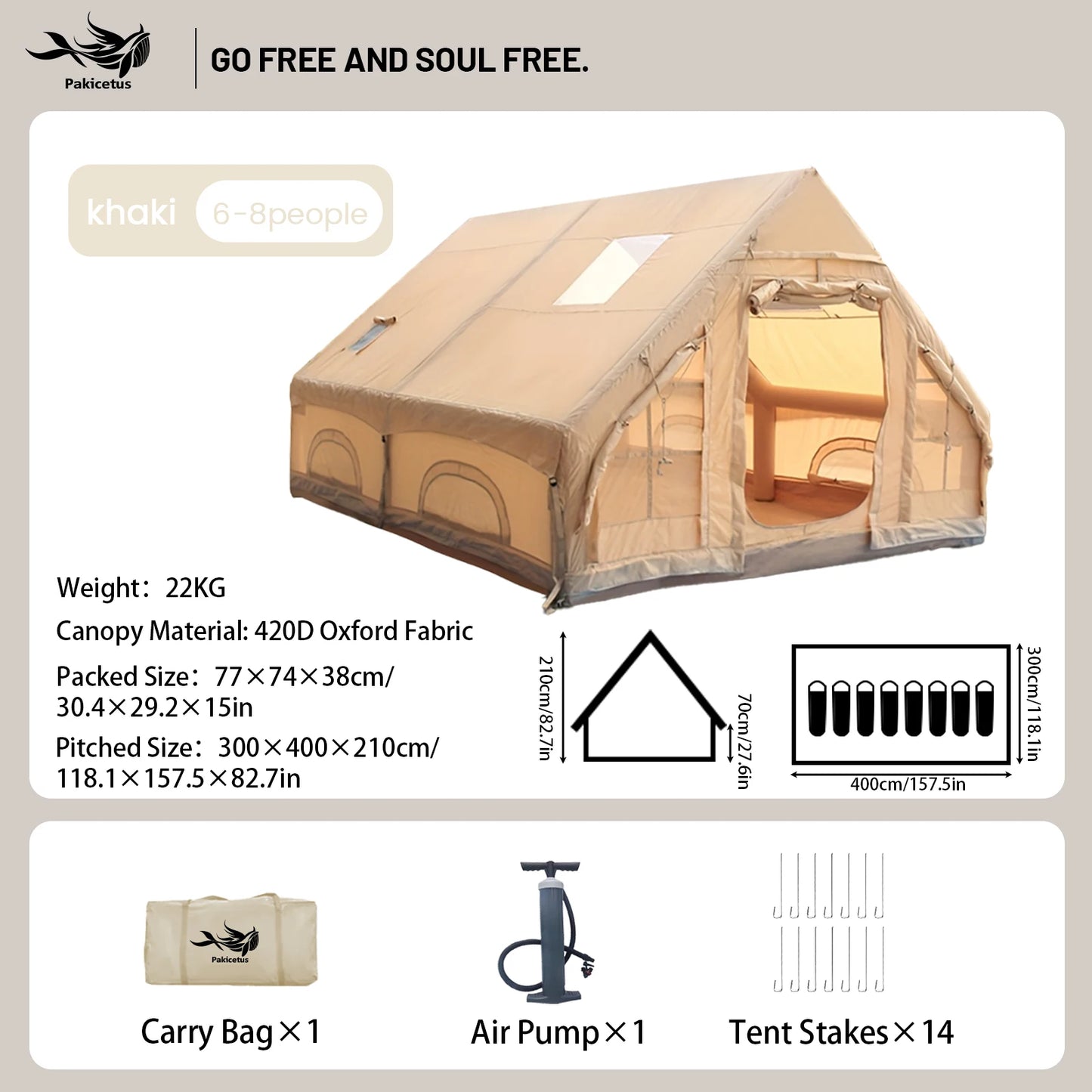 Pakicetus Inflatable Camping Tent With Skylight Two Bedroom