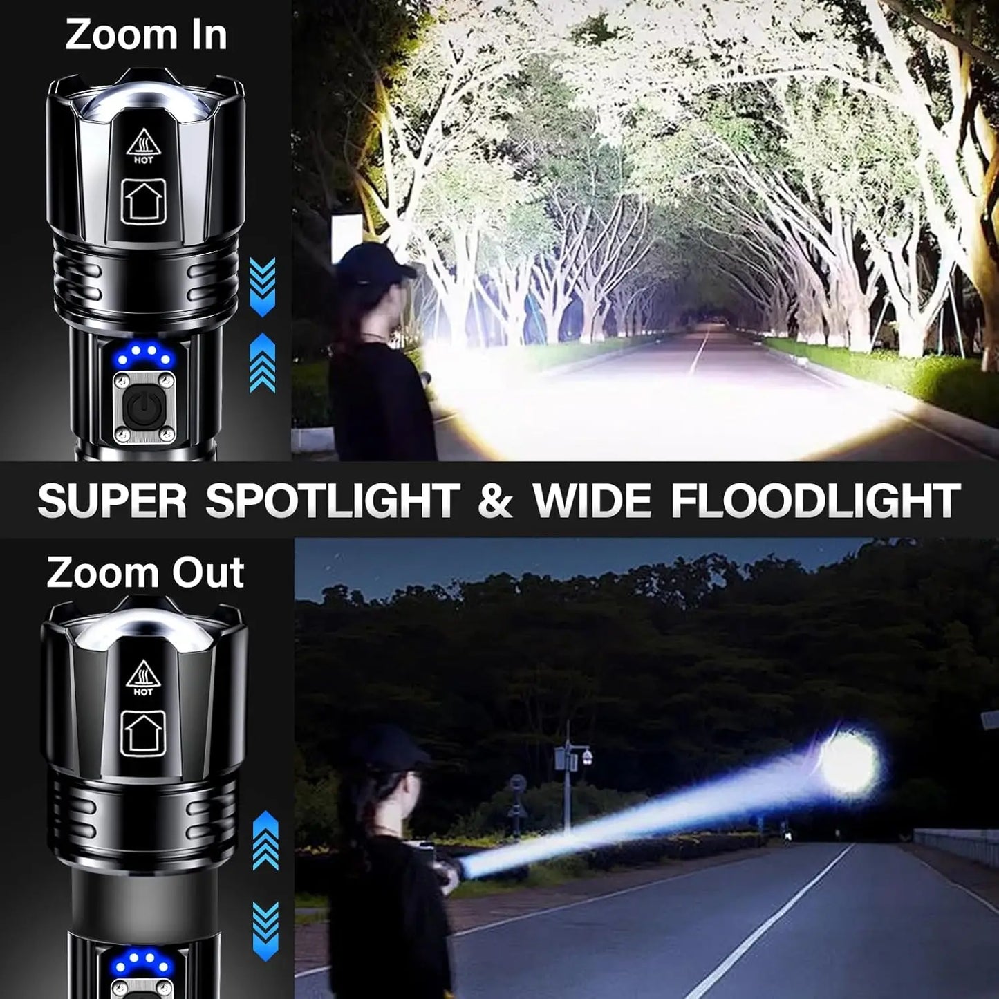 Rechargeable LED Flashlight Zoomable USB C 5 Modes IPX7 Camping