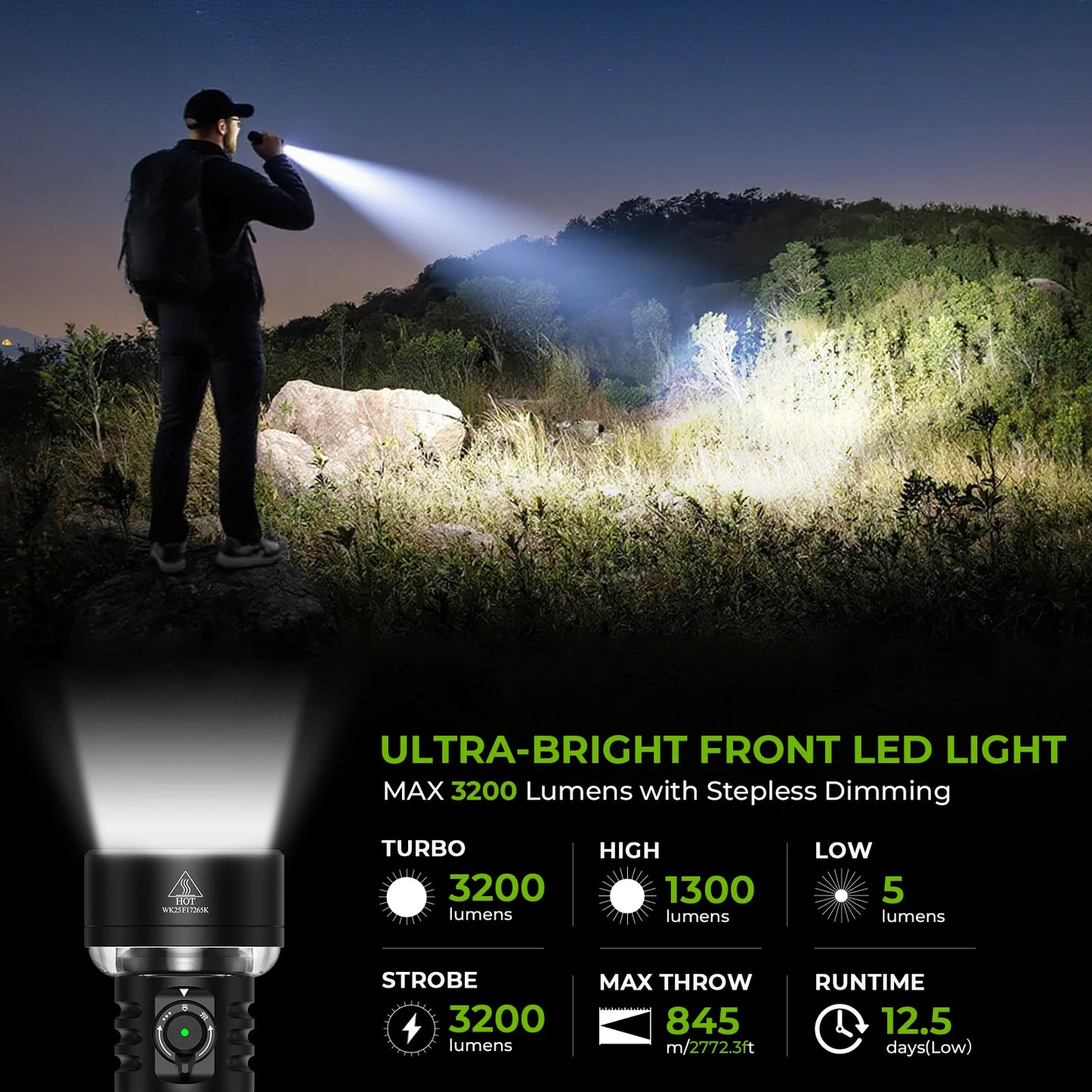 Wurkkos TS27 3200LM Super Bright Flashlight For Camping