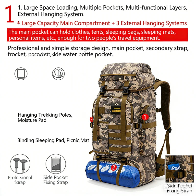 NONECN Tactical Backpack Large Capacity For Hiking Travel Waterproof