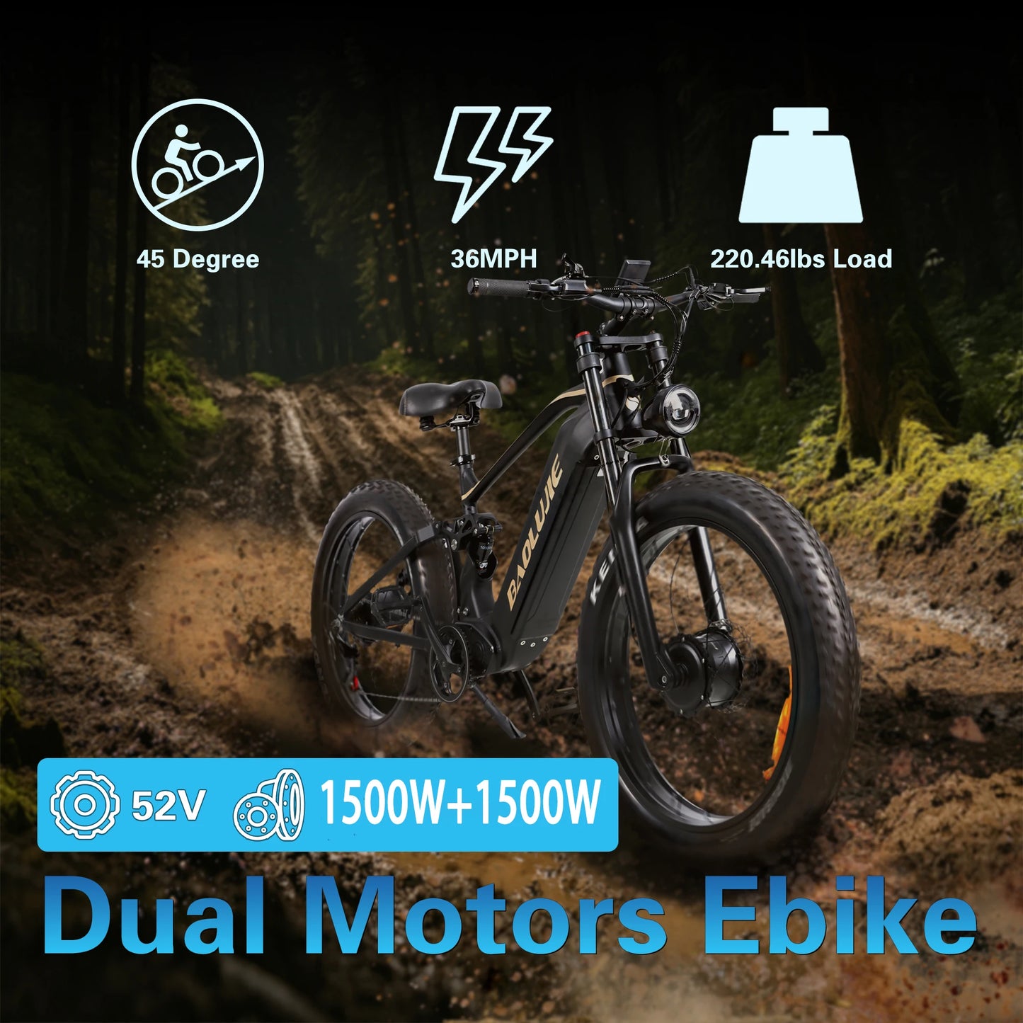 Baolujie P2 Electric Bike for Adults Dual Motor 52V 23Ah 90 Mile Range