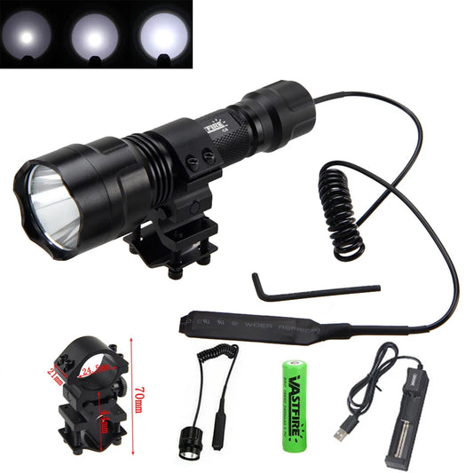 LED Tactical Hunting Flashlight 2500LM Waterproof USB Rechargeable Torch