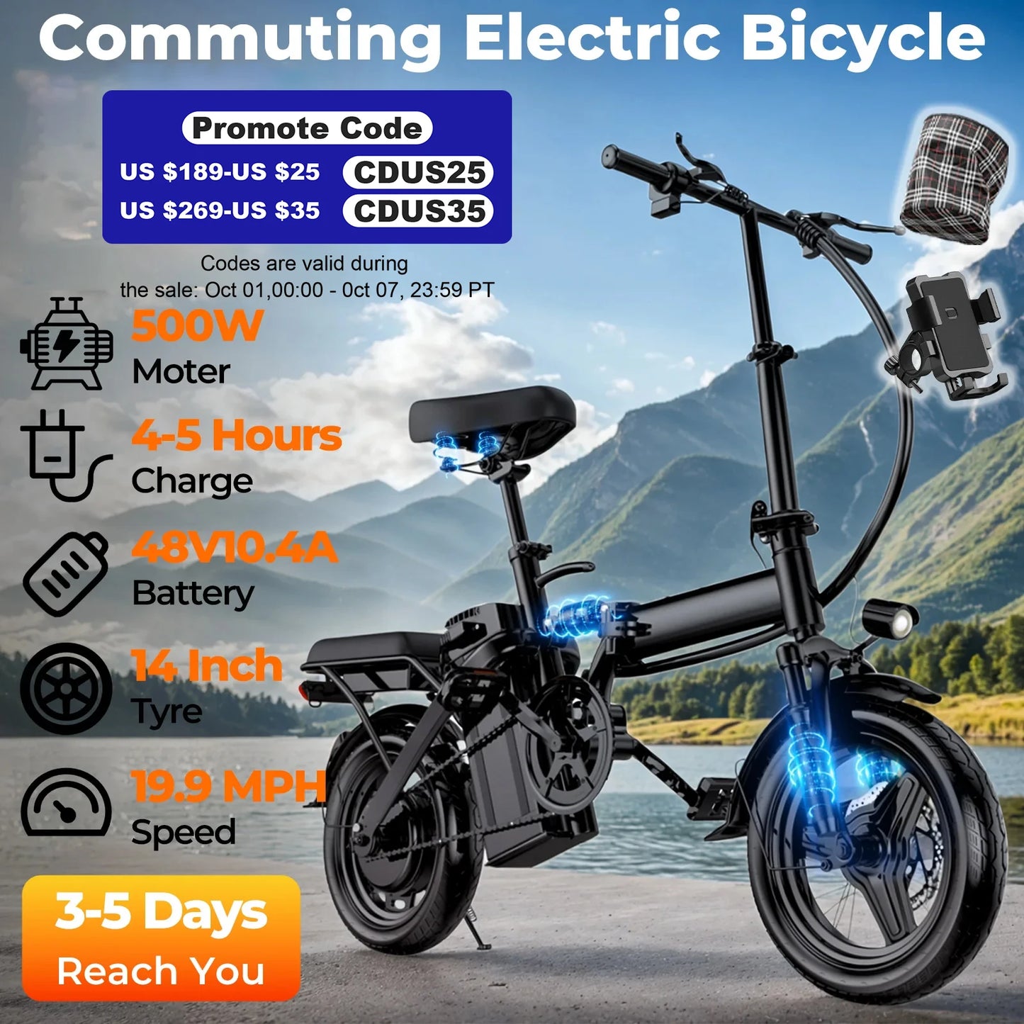 LELEKUAI 500W Adult Electric Bike Foldable 20 MPH Commuter