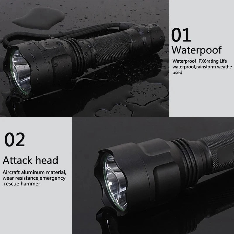 LED Tactical Hunting Flashlight 2500LM Waterproof USB Rechargeable Torch