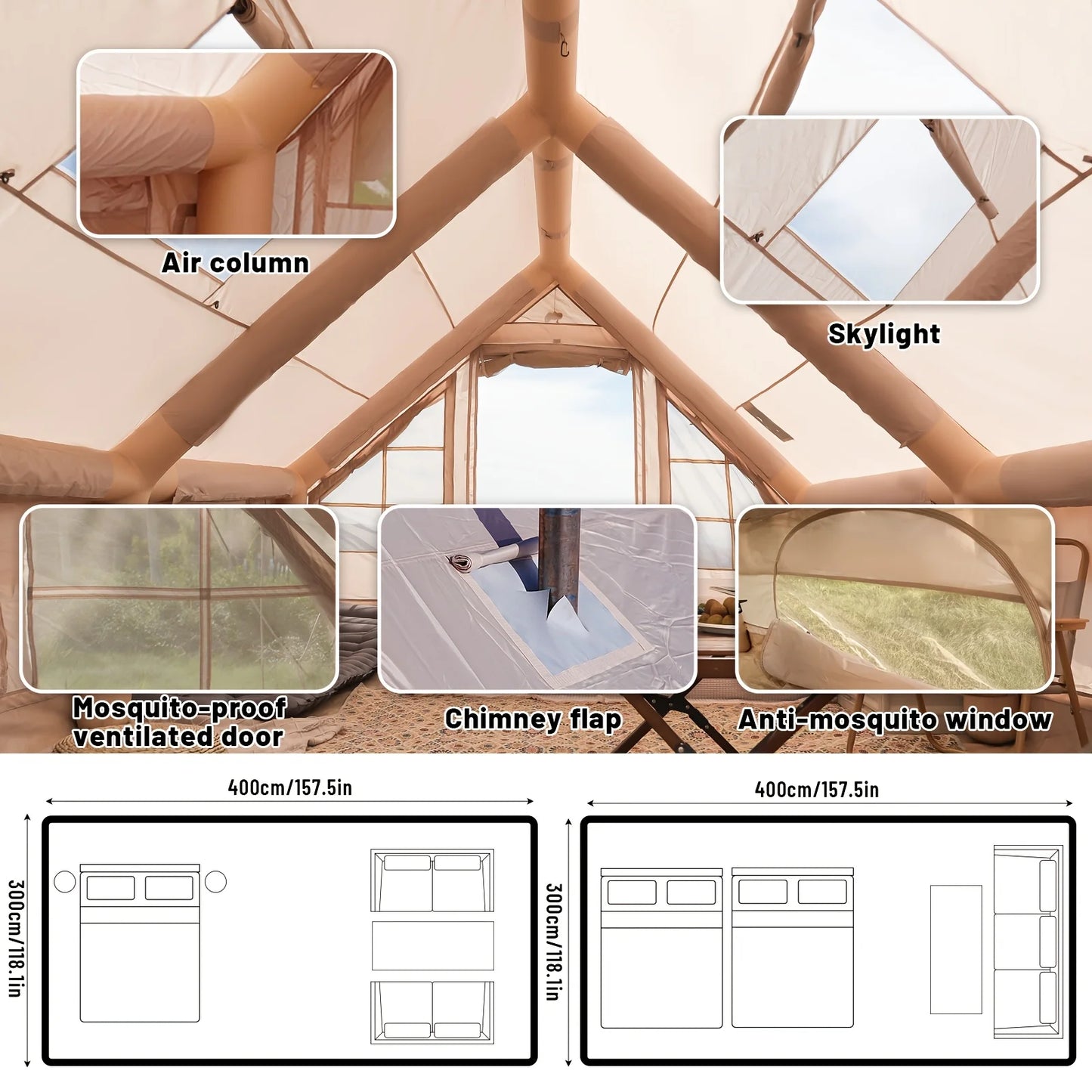 Pakicetus Inflatable Camping Tent With Skylight Two Bedroom