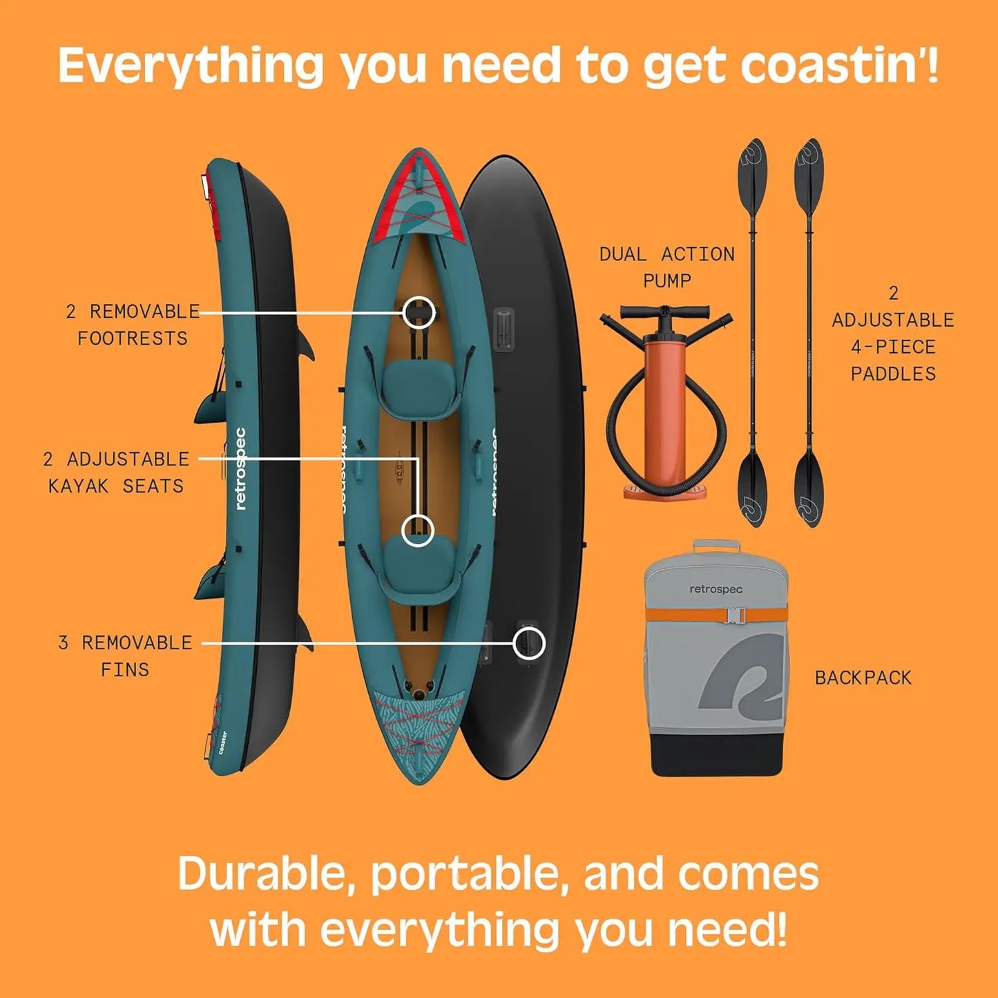 Inflatable Tandem Kayak For Adults Includes Paddle Pump